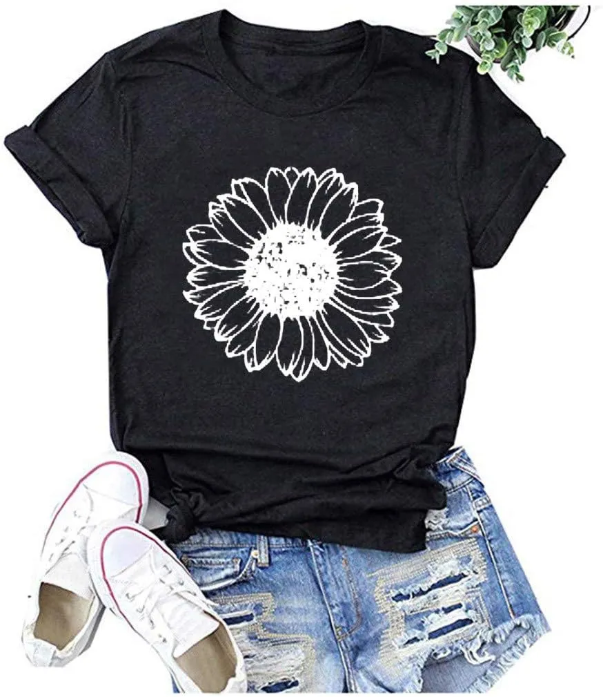 Womens Graphic Tees Boho Flowers Casual Summer Short Sleeve Vintage T Shirts Tops Sunflower T Shirts for Women