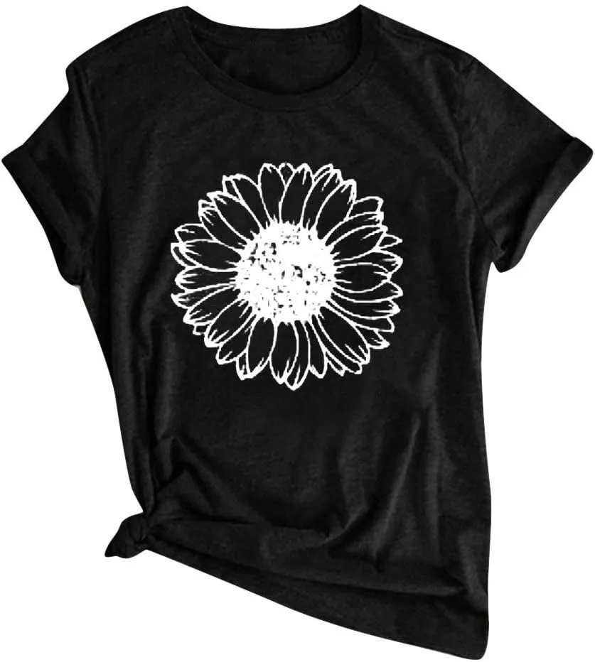 Womens Graphic Tees Boho Flowers Casual Summer Short Sleeve Vintage T Shirts Tops Sunflower T Shirts for Women