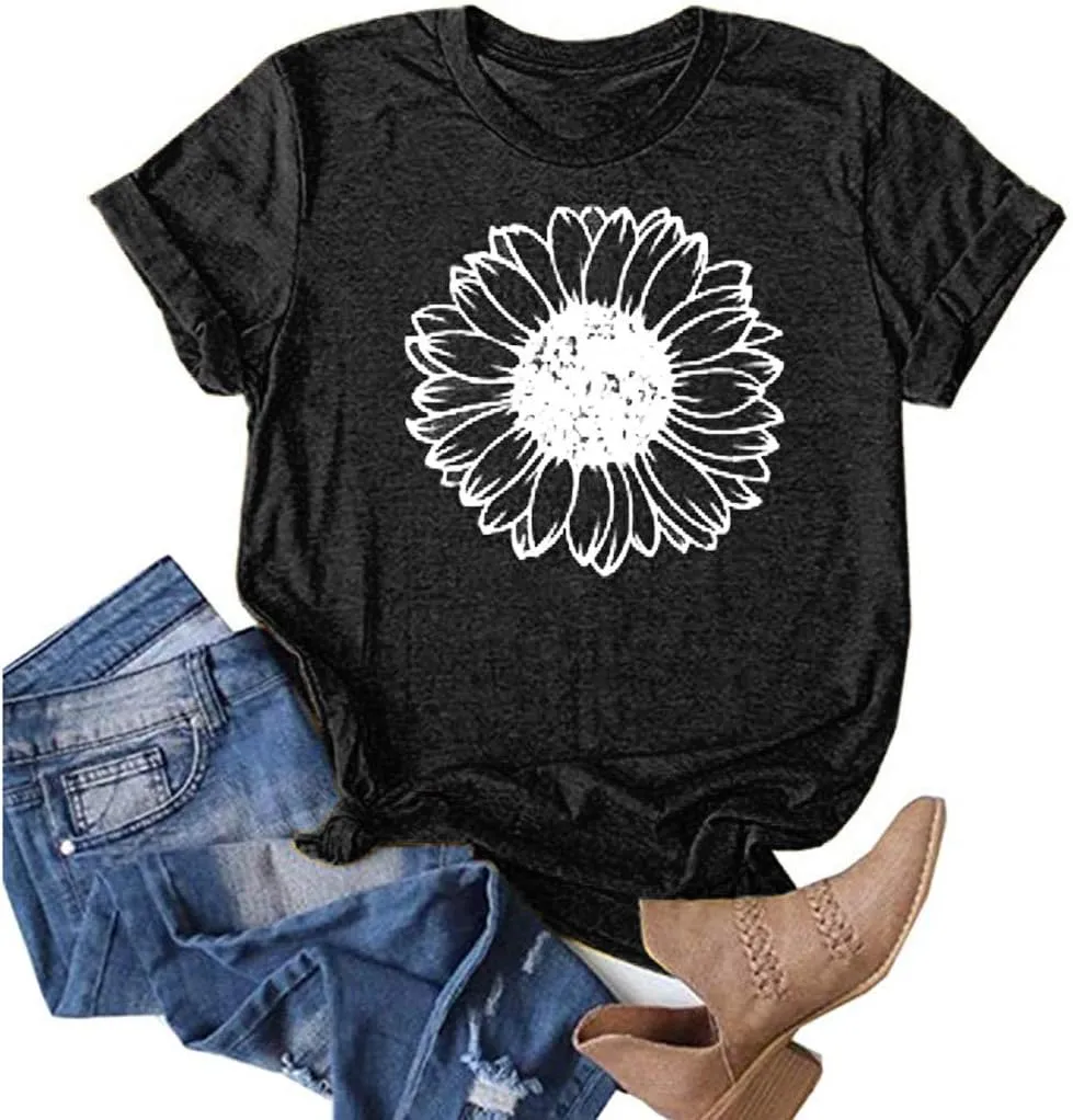 Womens Graphic Tees Boho Flowers Casual Summer Short Sleeve Vintage T Shirts Tops Sunflower T Shirts for Women