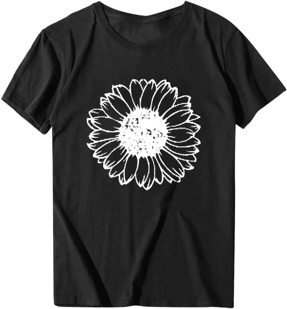 Womens Graphic Tees Boho Flowers Casual Summer Short Sleeve Vintage T Shirts Tops Sunflower T Shirts for Women