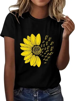 Womens Graphic Tees Boho Flowers Casual Summer Short Sleeve Vintage T Shirts Tops Sunflower T Shirts for Women