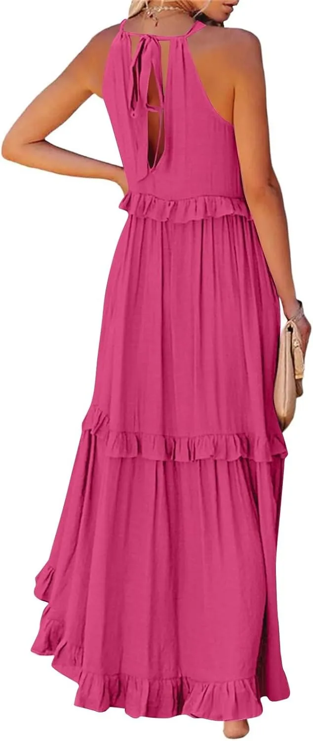 Womens Halter Maxi Dress Sleeveless Sexy Tiered Flowy Summer Loose Smocked Ruffle Swing Beach Dress with Pockets