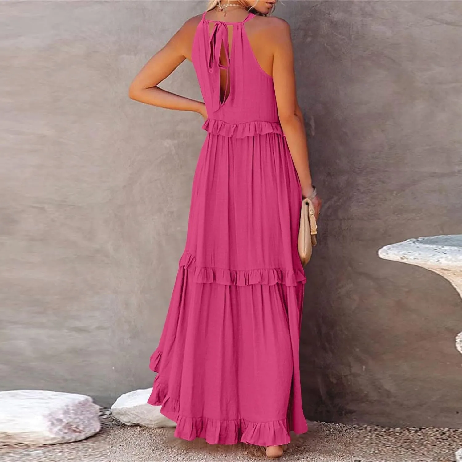 Womens Halter Maxi Dress Sleeveless Sexy Tiered Flowy Summer Loose Smocked Ruffle Swing Beach Dress with Pockets