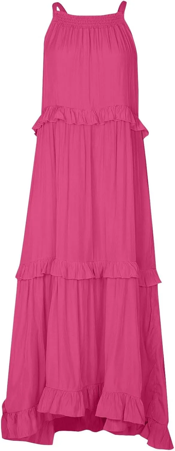 Womens Halter Maxi Dress Sleeveless Sexy Tiered Flowy Summer Loose Smocked Ruffle Swing Beach Dress with Pockets