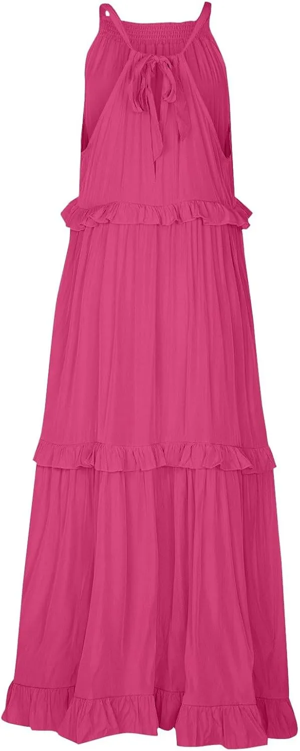 Womens Halter Maxi Dress Sleeveless Sexy Tiered Flowy Summer Loose Smocked Ruffle Swing Beach Dress with Pockets