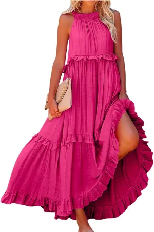 Womens Halter Maxi Dress Sleeveless Sexy Tiered Flowy Summer Loose Smocked Ruffle Swing Beach Dress with Pockets