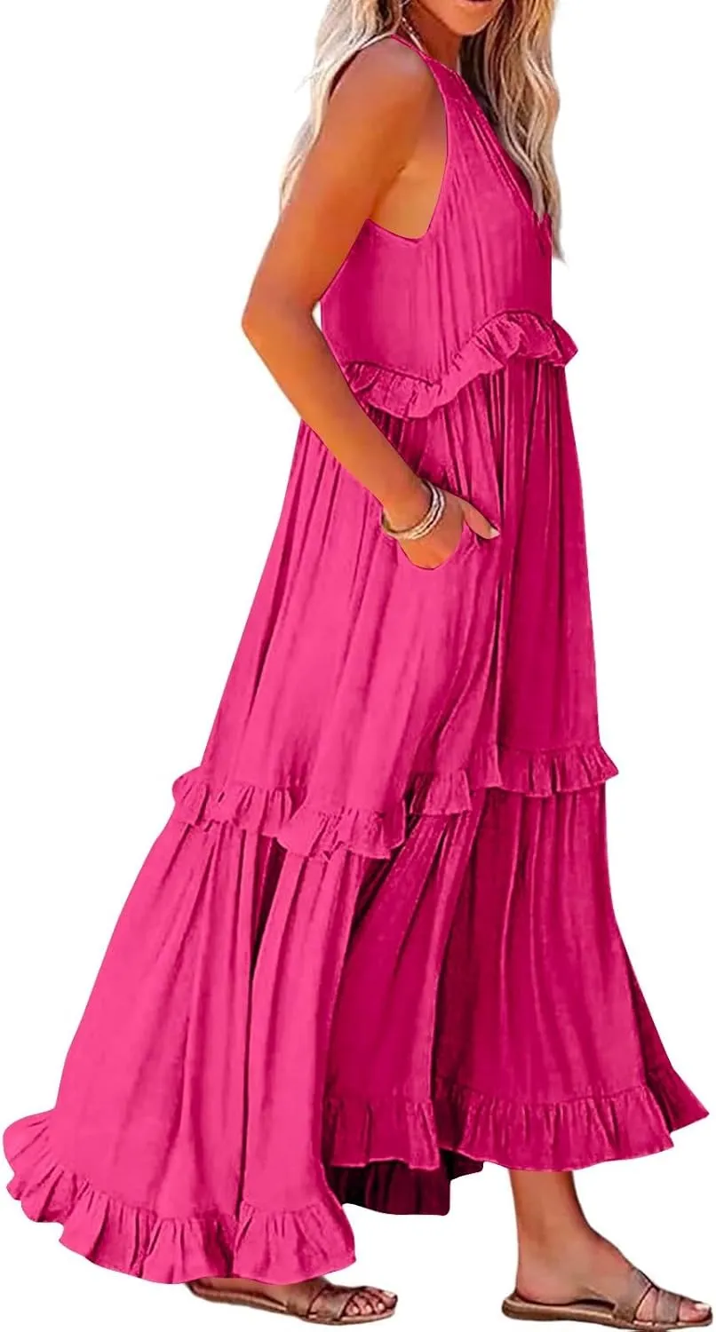 Womens Halter Maxi Dress Sleeveless Sexy Tiered Flowy Summer Loose Smocked Ruffle Swing Beach Dress with Pockets