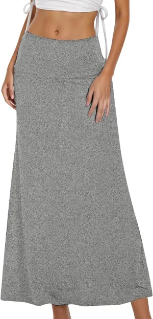 Women's High Waisted Maxi Skirt Stretchy Ribbed Flare Split Side Comfy Lightweight Foldover Waist Summer Casual