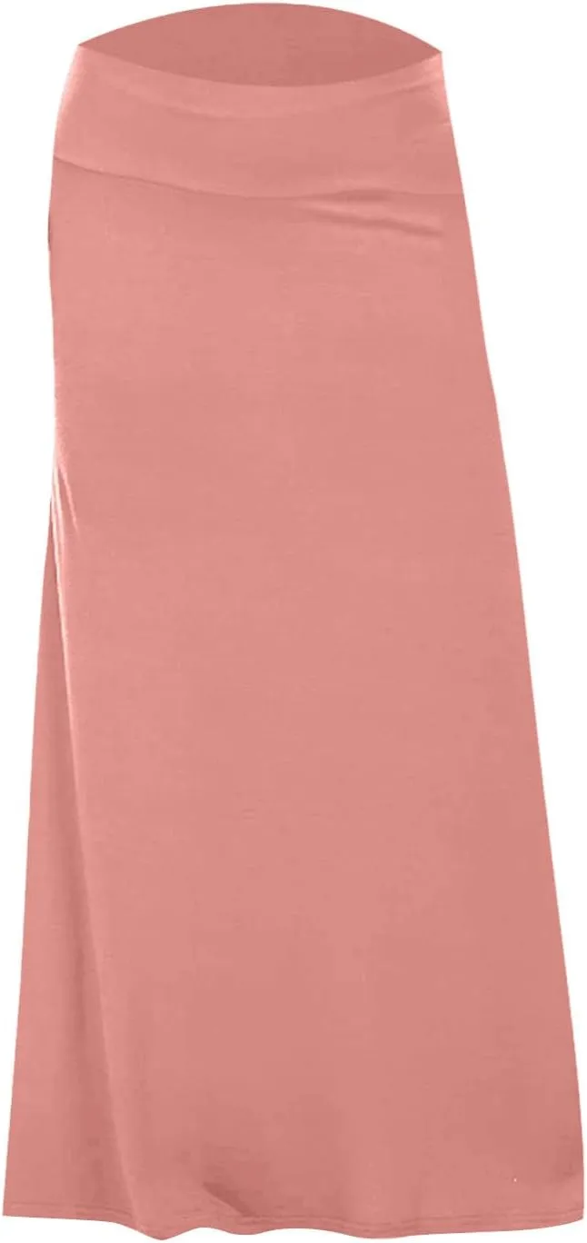 Women's High Waisted Maxi Skirt Stretchy Ribbed Flare Split Side Comfy Lightweight Foldover Waist Summer Casual