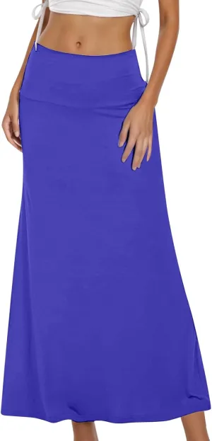 Women's High Waisted Maxi Skirt Stretchy Ribbed Flare Split Side Comfy Lightweight Foldover Waist Summer Casual