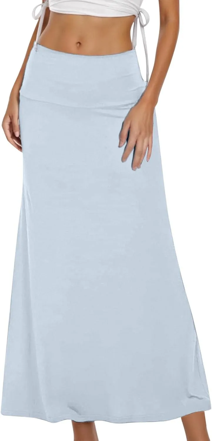 Women's High Waisted Maxi Skirt Stretchy Ribbed Flare Split Side Comfy Lightweight Foldover Waist Summer Casual