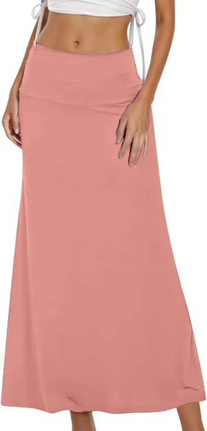Women's High Waisted Maxi Skirt Stretchy Ribbed Flare Split Side Comfy Lightweight Foldover Waist Summer Casual