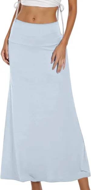 Women's High Waisted Maxi Skirt Stretchy Ribbed Flare Split Side Comfy Lightweight Foldover Waist Summer Casual