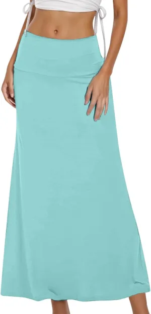 Women's High Waisted Maxi Skirt Stretchy Ribbed Flare Split Side Comfy Lightweight Foldover Waist Summer Casual