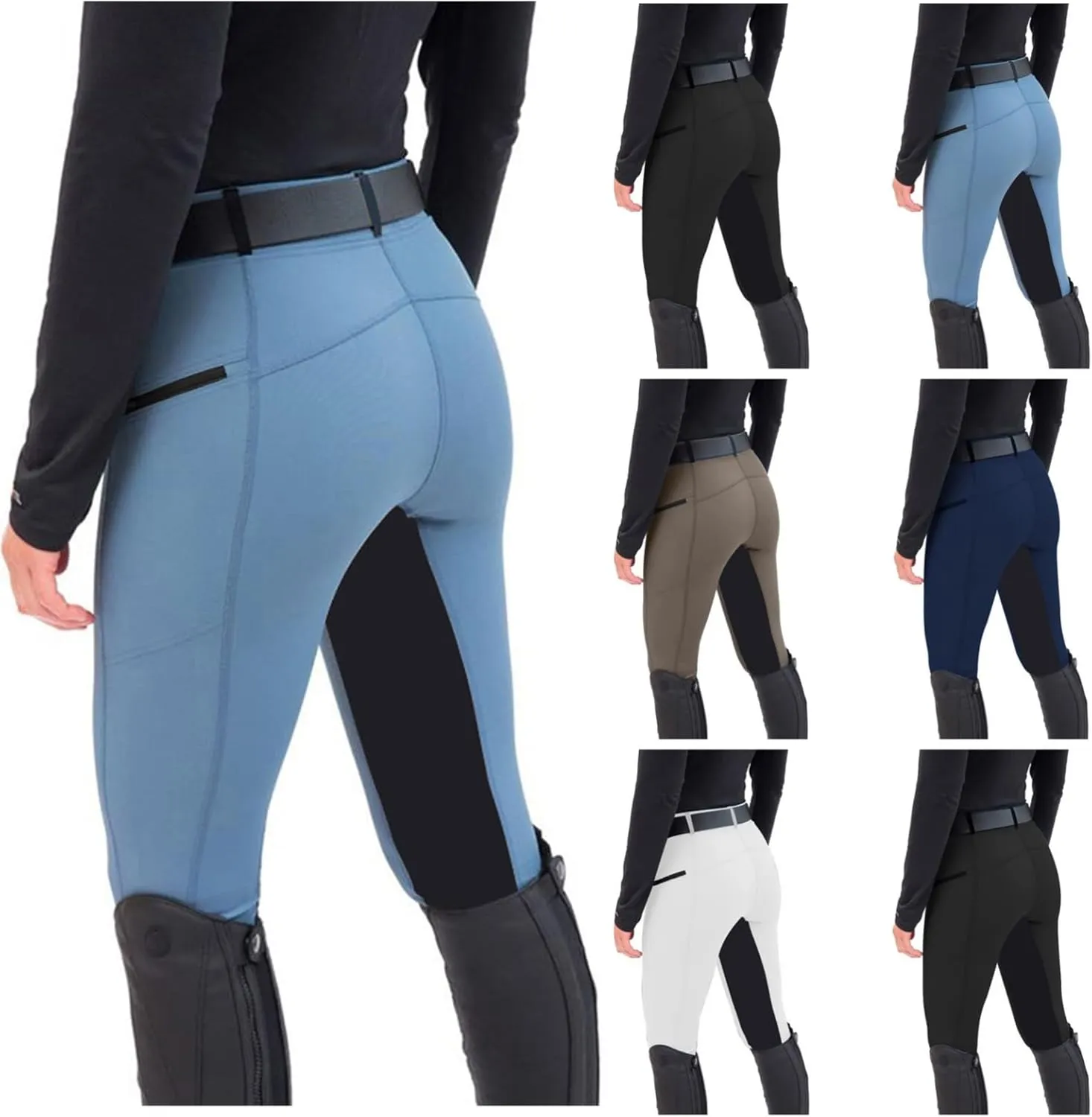 Women's Horse Riding Pants with Zipper Pockets Knee-Patch Schooling Tights Equestrian Breeches Gym Leggings