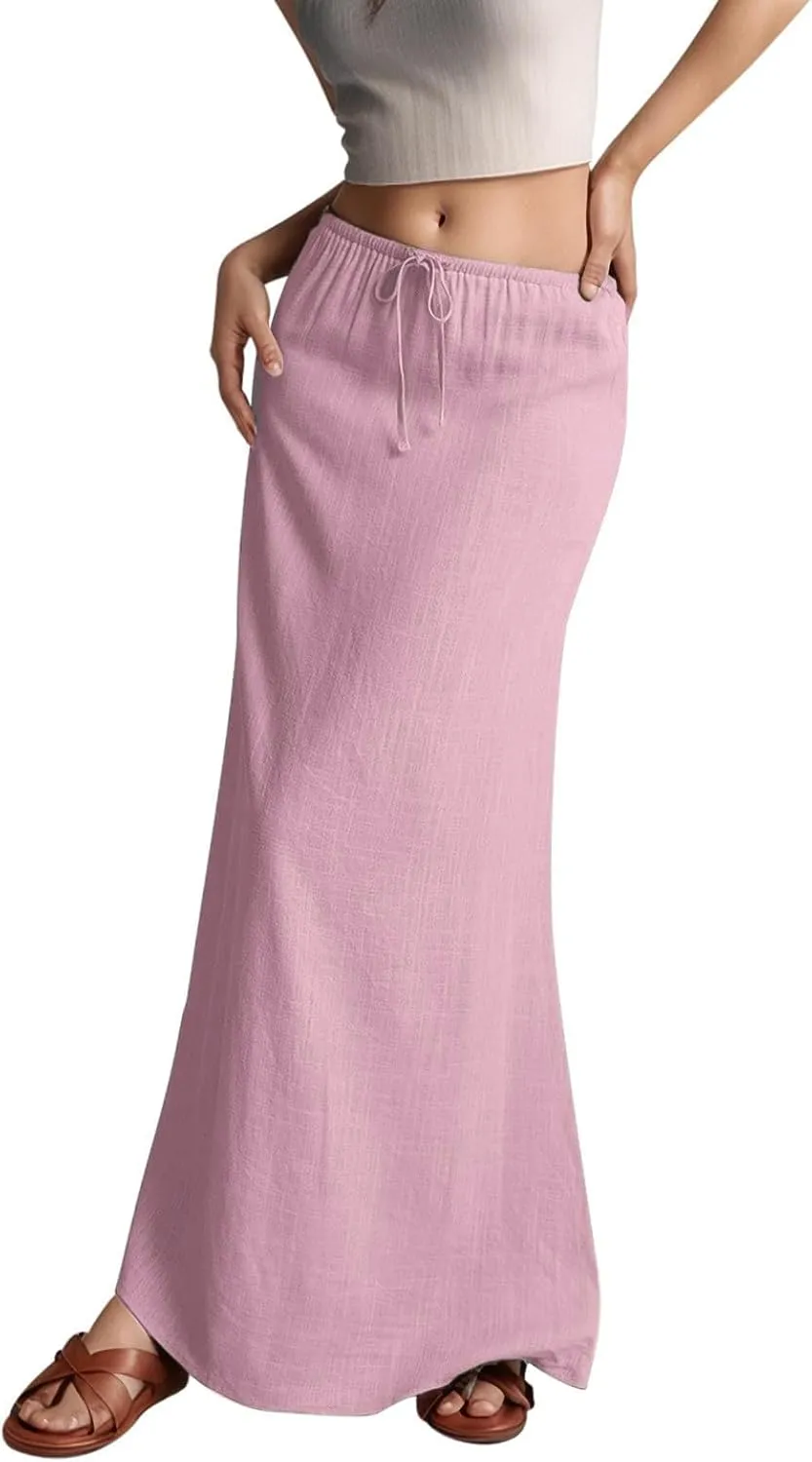 Womens Linen Maxi Skirts Summer Comfy Casual Skirt Drawstring Waist A Line Skirts Vacation Boho Long Flowy Skirt