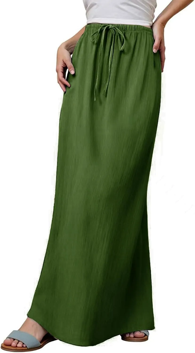 Womens Linen Maxi Skirts Summer Comfy Casual Skirt Drawstring Waist A Line Skirts Vacation Boho Long Flowy Skirt
