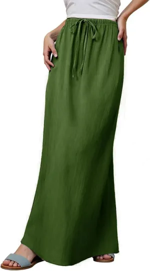 Womens Linen Maxi Skirts Summer Comfy Casual Skirt Drawstring Waist A Line Skirts Vacation Boho Long Flowy Skirt
