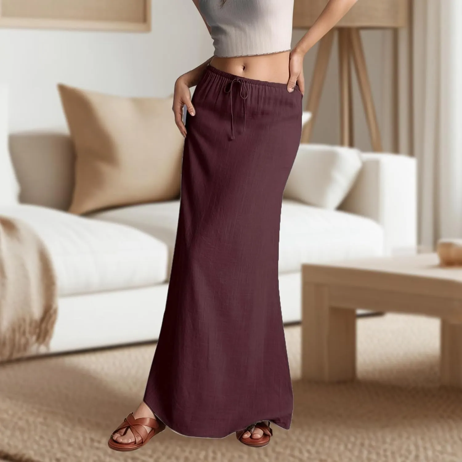 Womens Linen Maxi Skirts Summer Comfy Casual Skirt Drawstring Waist A Line Skirts Vacation Boho Long Flowy Skirt