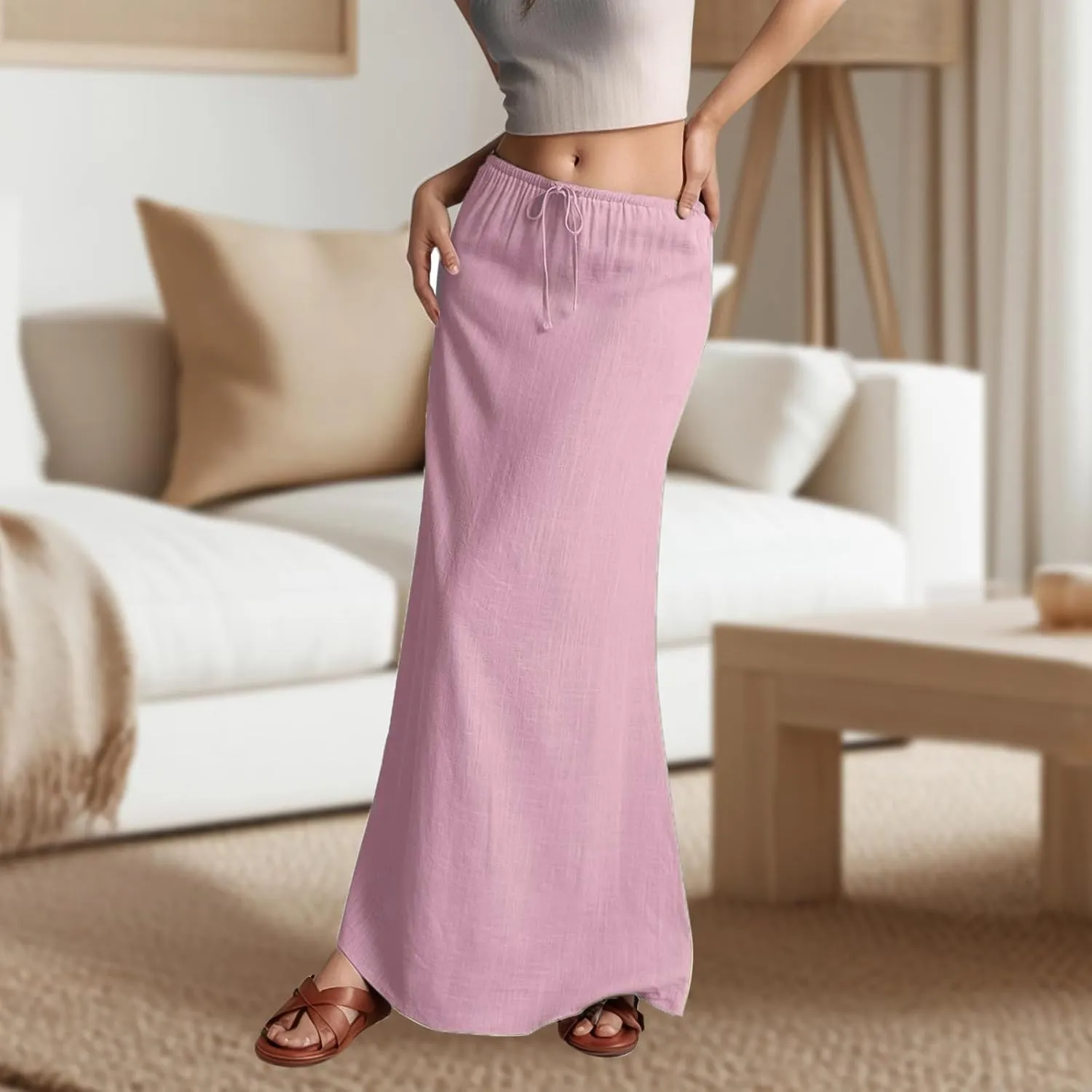 Womens Linen Maxi Skirts Summer Comfy Casual Skirt Drawstring Waist A Line Skirts Vacation Boho Long Flowy Skirt