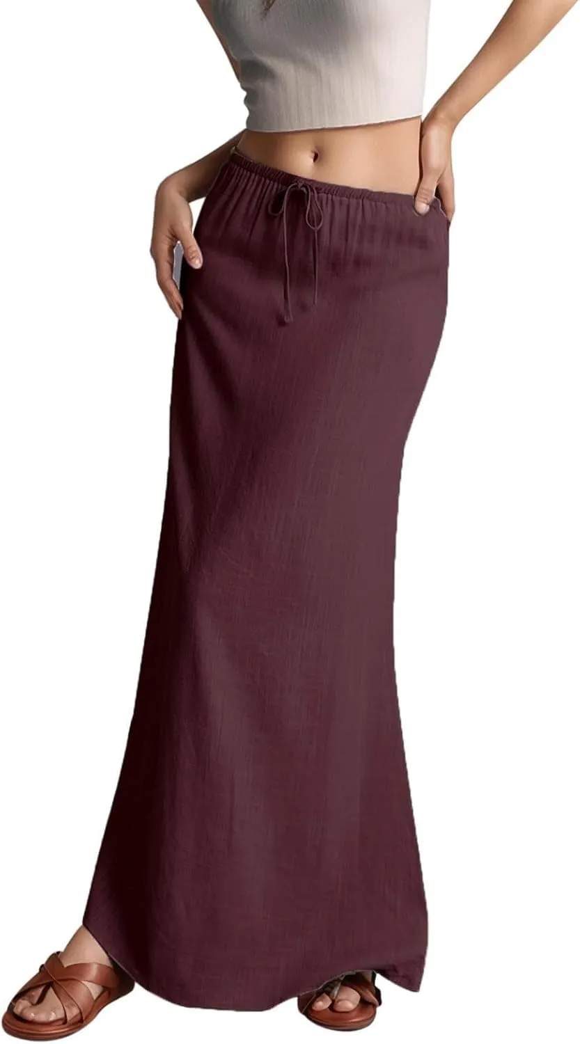 Womens Linen Maxi Skirts Summer Comfy Casual Skirt Drawstring Waist A Line Skirts Vacation Boho Long Flowy Skirt
