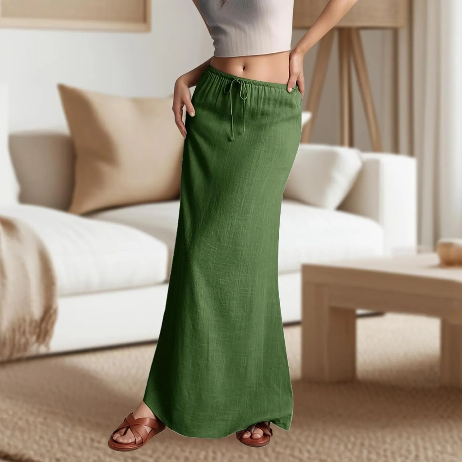 Womens Linen Maxi Skirts Summer Comfy Casual Skirt Drawstring Waist A Line Skirts Vacation Boho Long Flowy Skirt