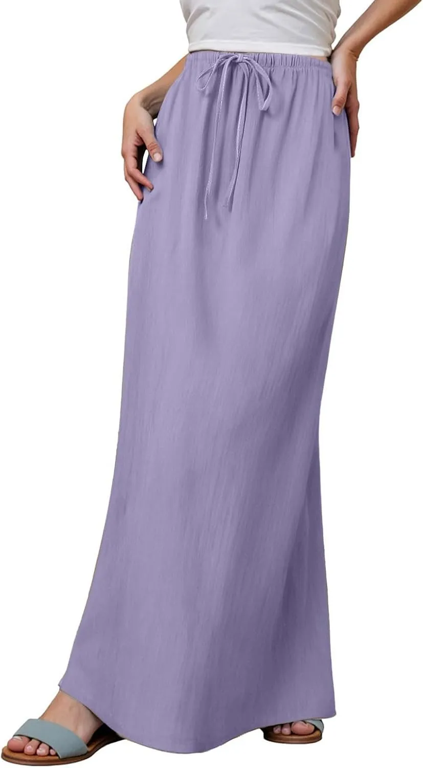 Womens Linen Maxi Skirts Summer Comfy Casual Skirt Drawstring Waist A Line Skirts Vacation Boho Long Flowy Skirt