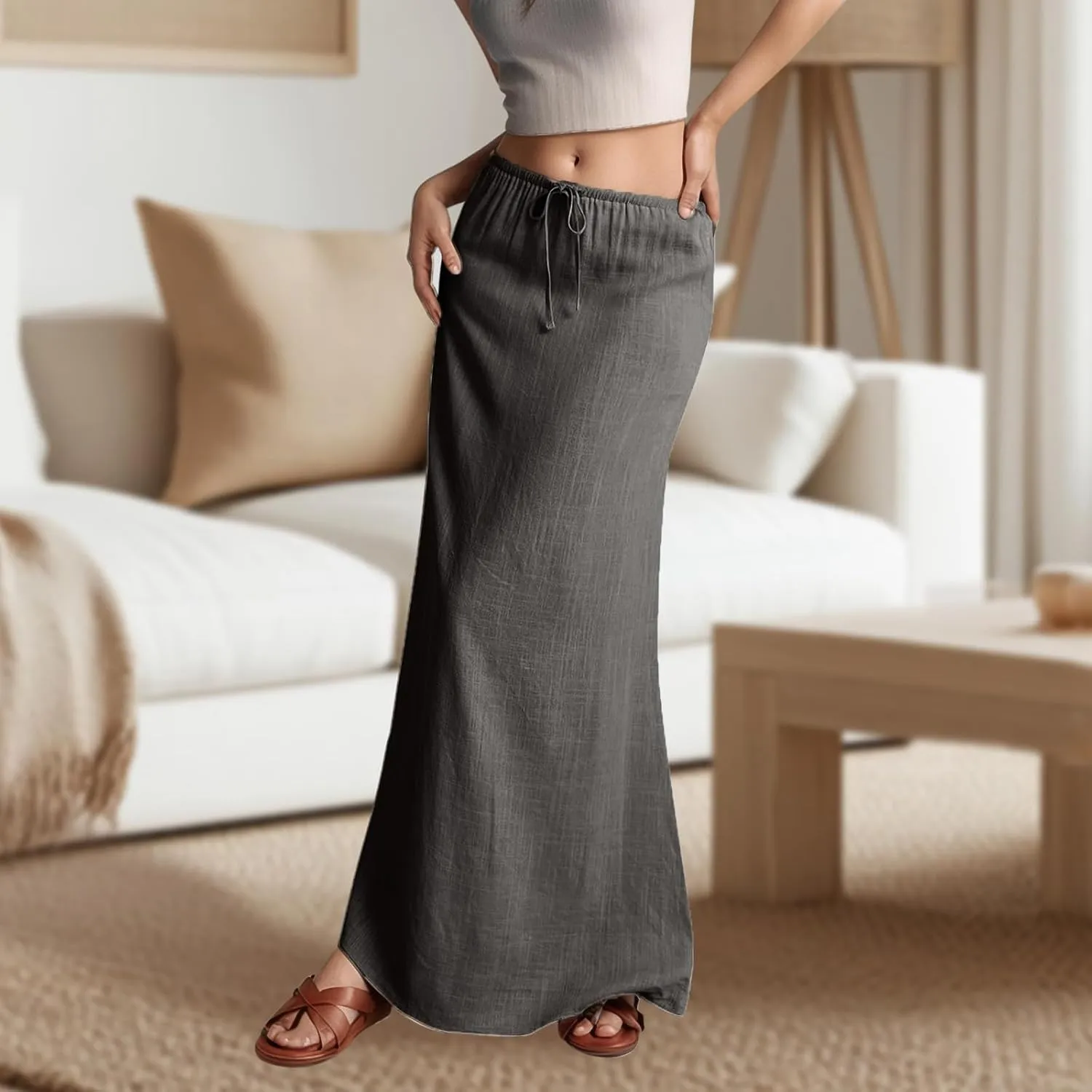 Womens Linen Maxi Skirts Summer Comfy Casual Skirt Drawstring Waist A Line Skirts Vacation Boho Long Flowy Skirt