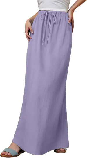 Womens Linen Maxi Skirts Summer Comfy Casual Skirt Drawstring Waist A Line Skirts Vacation Boho Long Flowy Skirt