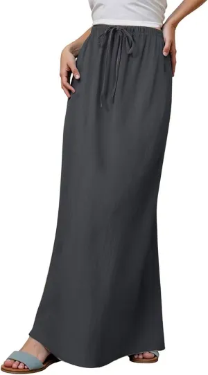 Womens Linen Maxi Skirts Summer Comfy Casual Skirt Drawstring Waist A Line Skirts Vacation Boho Long Flowy Skirt