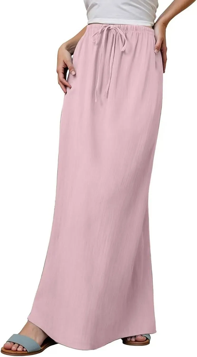 Womens Linen Maxi Skirts Summer Comfy Casual Skirt Drawstring Waist A Line Skirts Vacation Boho Long Flowy Skirt