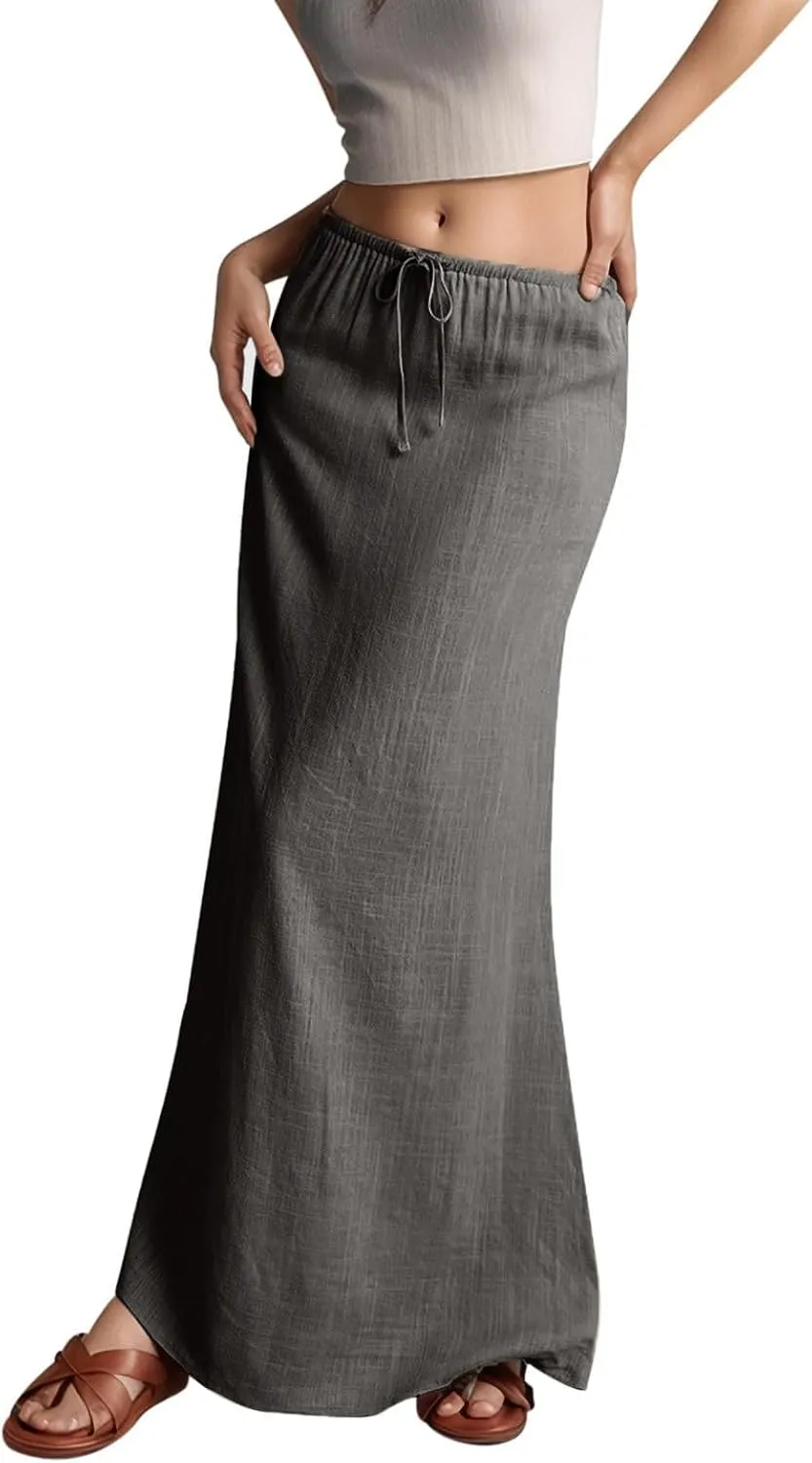 Womens Linen Maxi Skirts Summer Comfy Casual Skirt Drawstring Waist A Line Skirts Vacation Boho Long Flowy Skirt