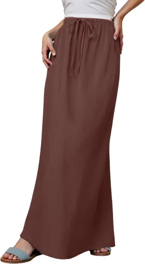 Women's Linen Maxi Skirts Summer Comfy Low Rise Drawstring Waist A Line Beach Vacation Boho Long Flowy Skirts