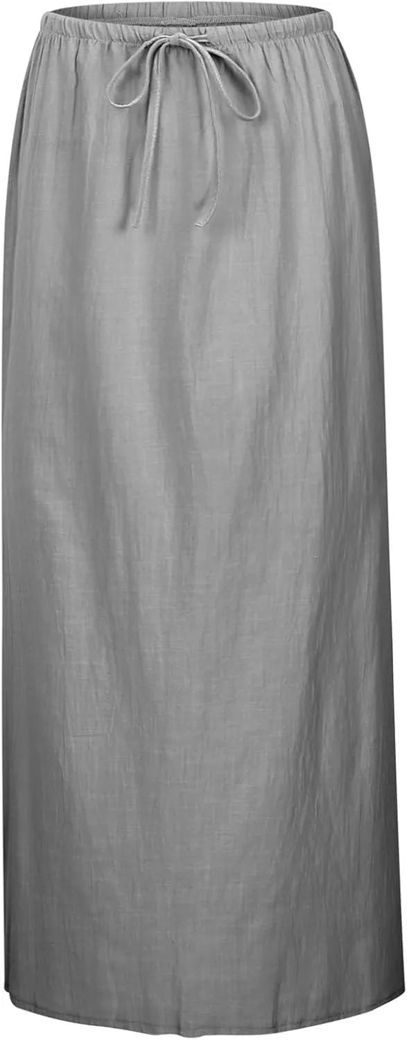 Women's Linen Maxi Skirts Summer Comfy Low Rise Drawstring Waist A Line Beach Vacation Boho Long Flowy Skirts