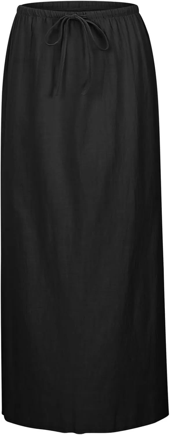 Women's Linen Maxi Skirts Summer Comfy Low Rise Drawstring Waist A Line Beach Vacation Boho Long Flowy Skirts
