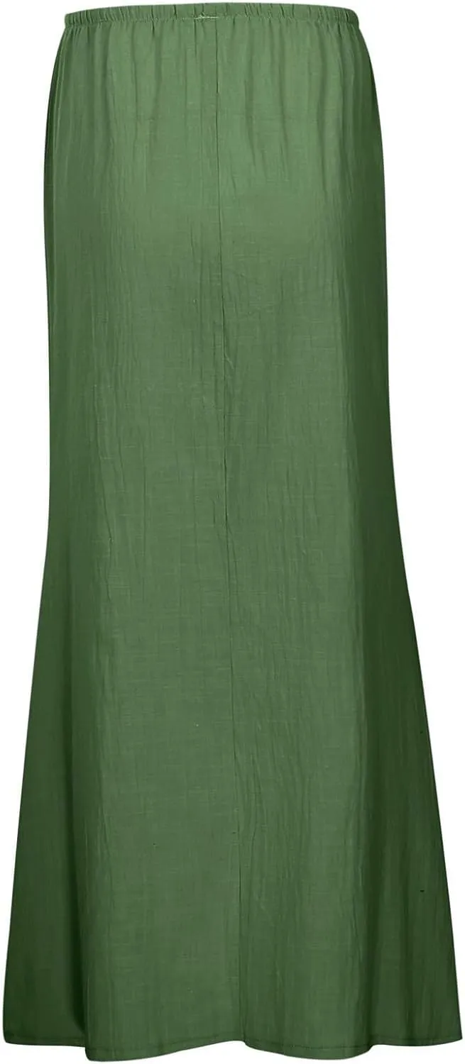 Women's Linen Maxi Skirts Summer Comfy Low Rise Drawstring Waist A Line Beach Vacation Boho Long Flowy Skirts