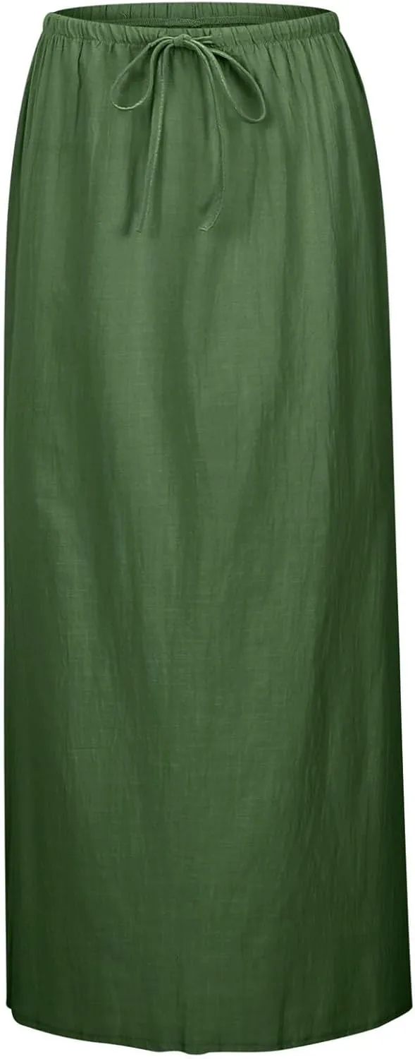 Women's Linen Maxi Skirts Summer Comfy Low Rise Drawstring Waist A Line Beach Vacation Boho Long Flowy Skirts