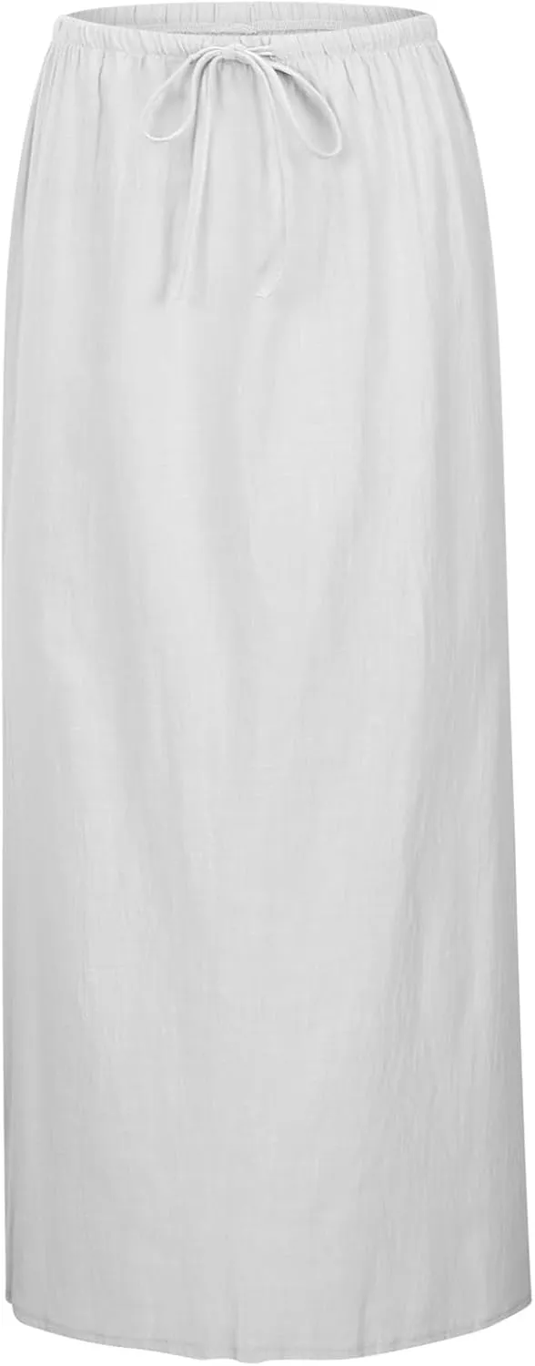 Women's Linen Maxi Skirts Summer Comfy Low Rise Drawstring Waist A Line Beach Vacation Boho Long Flowy Skirts