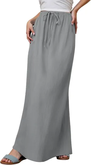 Women's Linen Maxi Skirts Summer Comfy Low Rise Drawstring Waist A Line Beach Vacation Boho Long Flowy Skirts