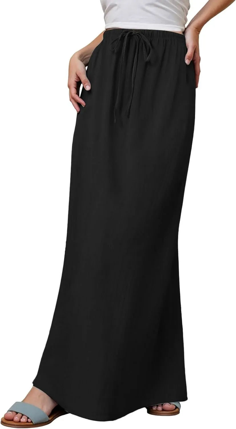Women's Linen Maxi Skirts Summer Comfy Low Rise Drawstring Waist A Line Beach Vacation Boho Long Flowy Skirts