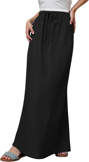 Women's Linen Maxi Skirts Summer Comfy Low Rise Drawstring Waist A Line Beach Vacation Boho Long Flowy Skirts