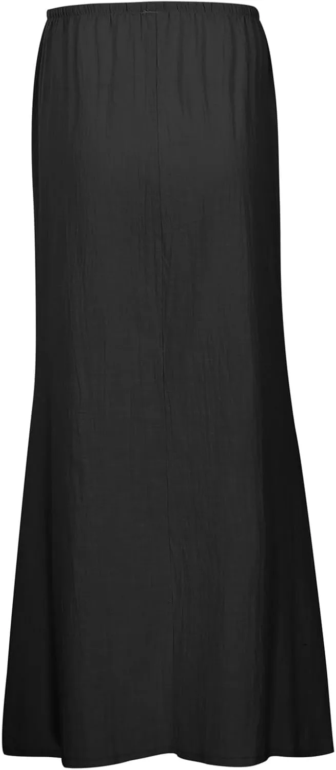 Women's Linen Maxi Skirts Summer Comfy Low Rise Drawstring Waist A Line Beach Vacation Boho Long Flowy Skirts