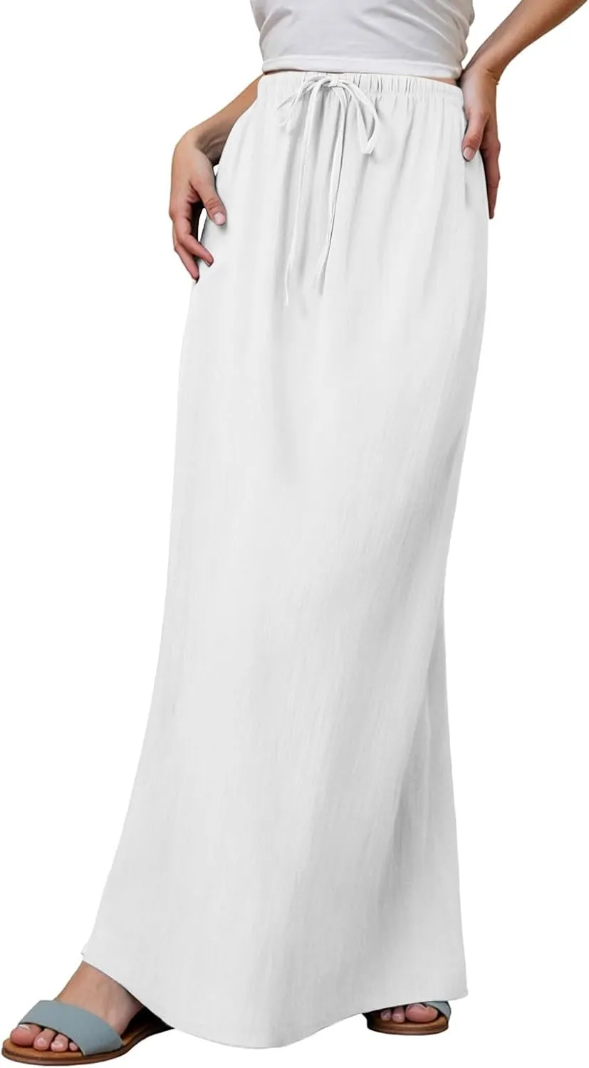 Women's Linen Maxi Skirts Summer Comfy Low Rise Drawstring Waist A Line Beach Vacation Boho Long Flowy Skirts