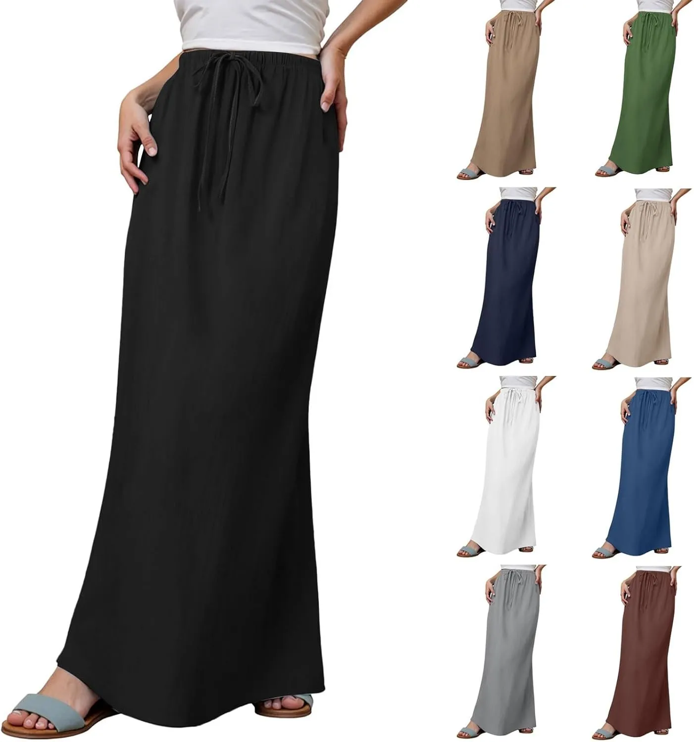 Women's Linen Maxi Skirts Summer Comfy Low Rise Drawstring Waist A Line Beach Vacation Boho Long Flowy Skirts
