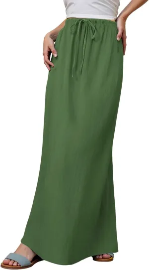 Women's Linen Maxi Skirts Summer Comfy Low Rise Drawstring Waist A Line Beach Vacation Boho Long Flowy Skirts