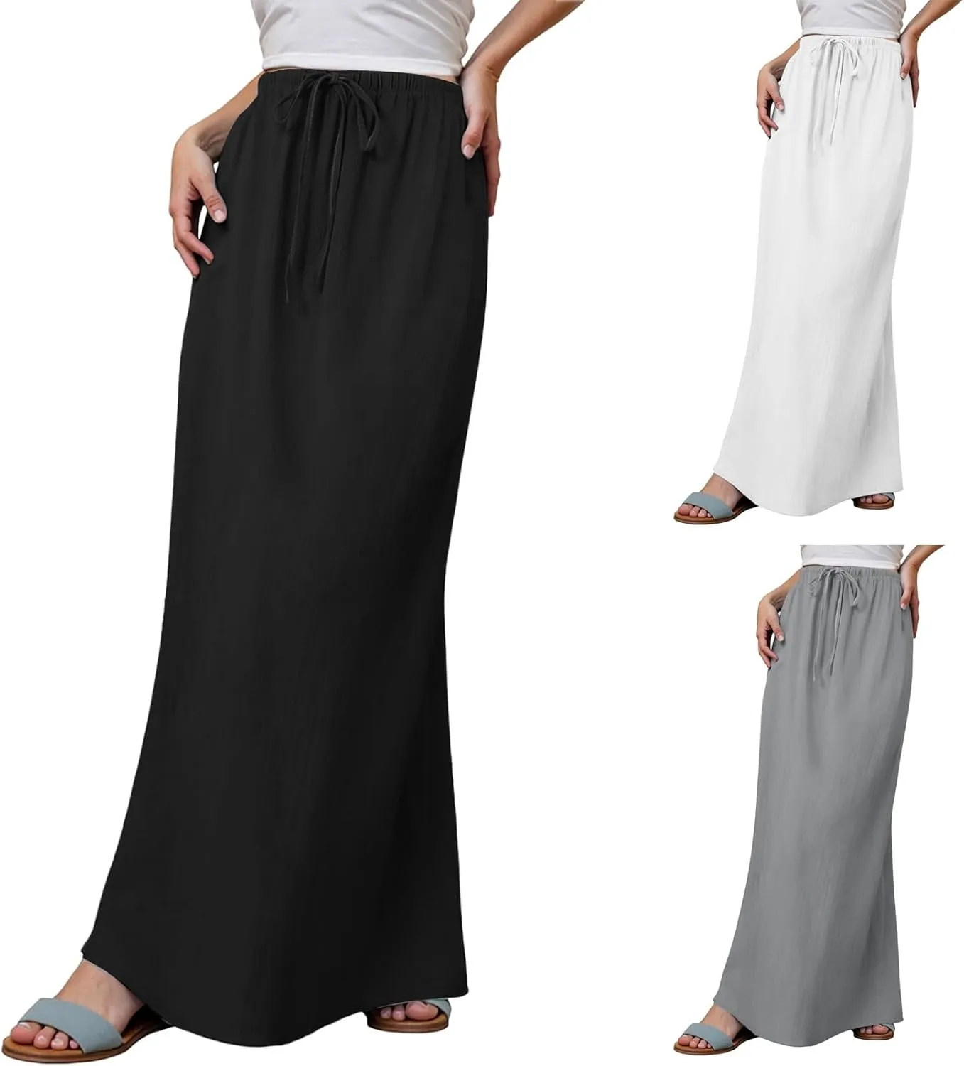 Women's Linen Maxi Skirts Summer Comfy Low Rise Drawstring Waist A Line Beach Vacation Boho Long Flowy Skirts