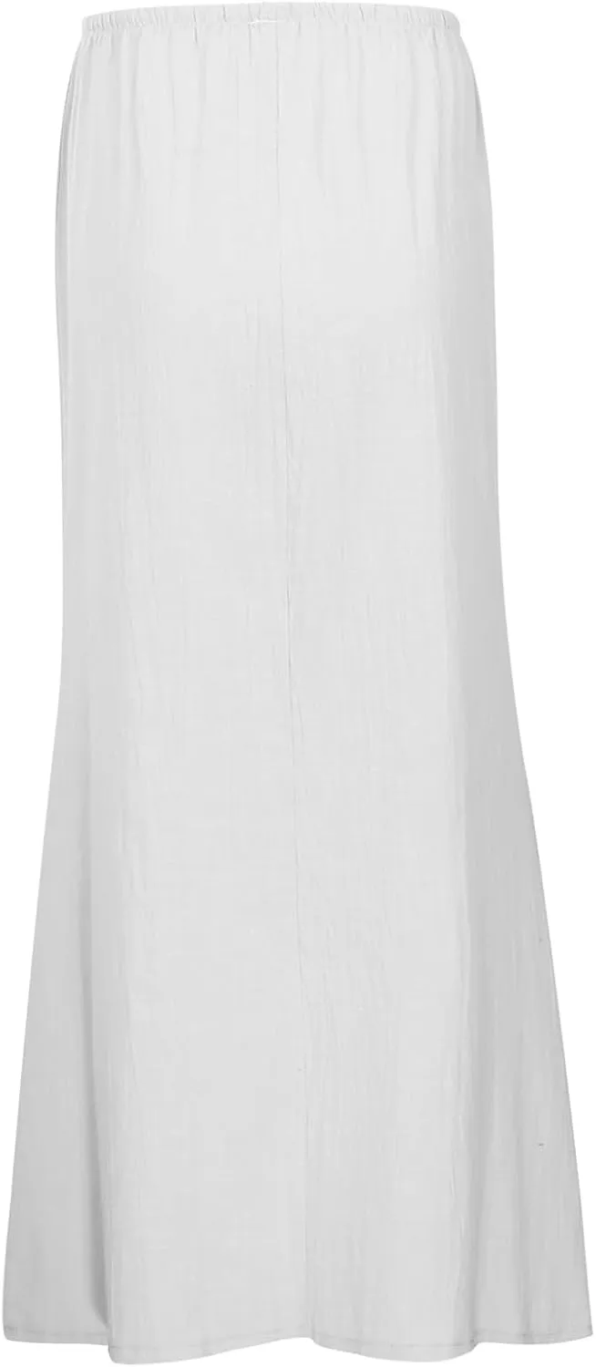 Women's Linen Maxi Skirts Summer Comfy Low Rise Drawstring Waist A Line Beach Vacation Boho Long Flowy Skirts