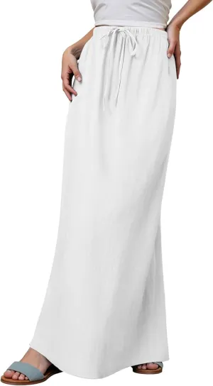 Women's Linen Maxi Skirts Summer Comfy Low Rise Drawstring Waist A Line Beach Vacation Boho Long Flowy Skirts