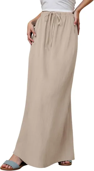 Women's Linen Maxi Skirts Summer Comfy Low Rise Drawstring Waist A Line Beach Vacation Boho Long Flowy Skirts