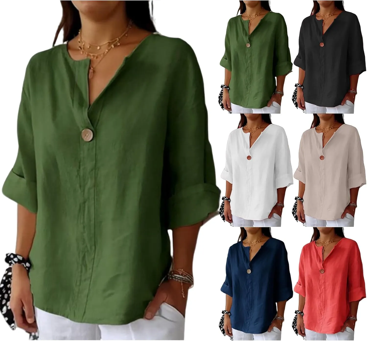 Women's Linen Shirt Casual Button V Neck Long Sleeve Shirts Breathable Lightweight Summer T Shirts Solid Blouses Tops